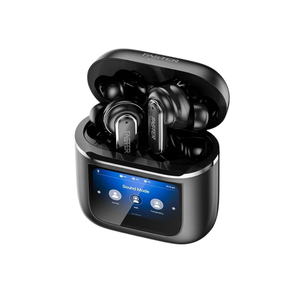 Faster Vizion Wireless Earbuds, Bluetooth 5.4 with ENC, Smart Touch Screen Case, 5H Playtime, Hi-Fi Stereo Sound,Type-C Fast Charge, IPX4 Waterproof, 500mAh Charging Case