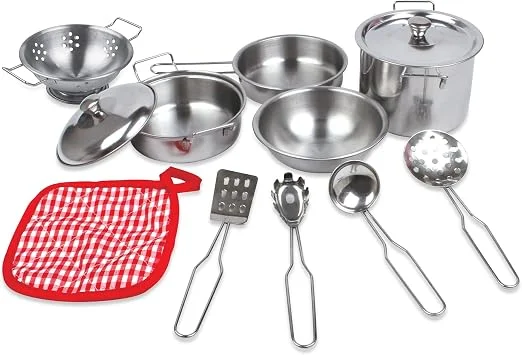 Toy Chef Little Play Kitchen Utensils - Stainless Steel Cookware Set for Kids, Play Pots and Pans Set for Kids, Play Dishes, Kids Kitchen Set Dishes - Silver