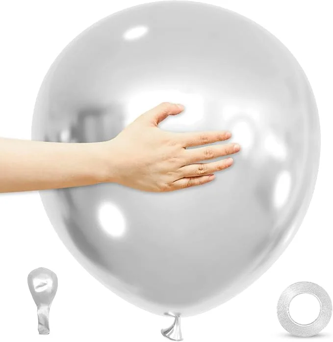 18 Inch Metallic Silver Balloons 100 Pack Big Balloons Thick Latex Large Silver Balloon Chrome Silver Round Party Balloon for Birthday New Year Wedding Party Decorations