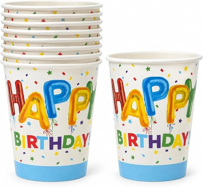 Goldedge 10pc Disposable Cups Printed Happy Birthday and Confetti for All Sorts of Birthday Occasions (270 ml Each Cup)