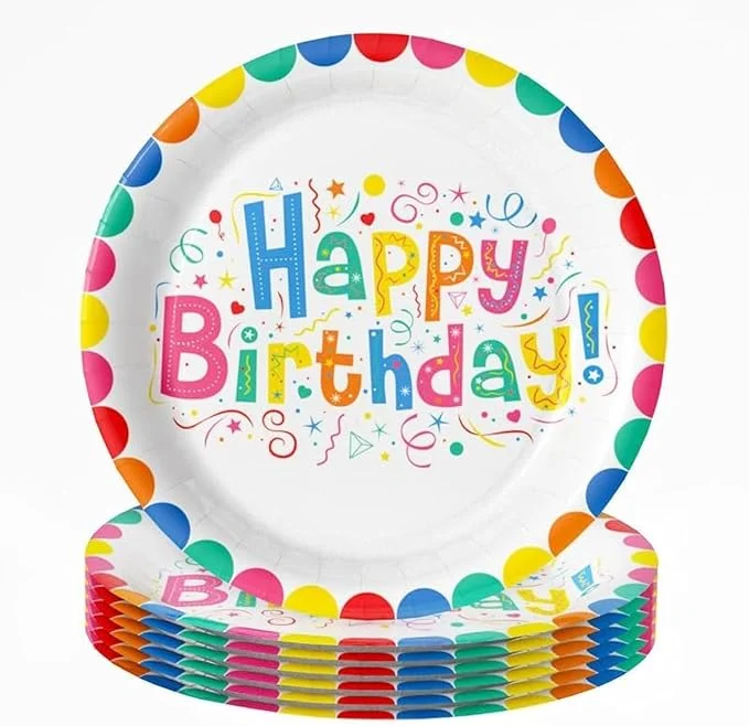 24 PCS Happy Birthday Paper Plates, 7In Colourful Dots Cake Dessert Plates Tableware Set For Boys Girls Birthday Party Supplies Decorations