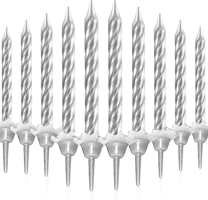 Silver Spiral Birthday Candles with 12 Holders - Metallic Silver Cake Candles for Weddings, Parties & Celebrations - Cupcake & Cake Decoration Set