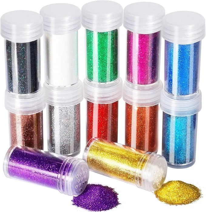 Extra Fine Glitter Set, 12Pcs 12 Colors 10g Shake Jars, Glitter Powder for Arts Crafts Painting Decoration Body Face Makeup Nail Art Pigment